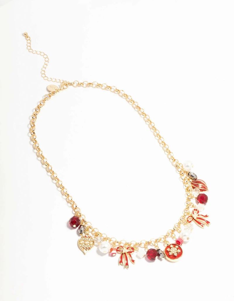 Gold Red Bow & Red Bauble Charm Necklace
