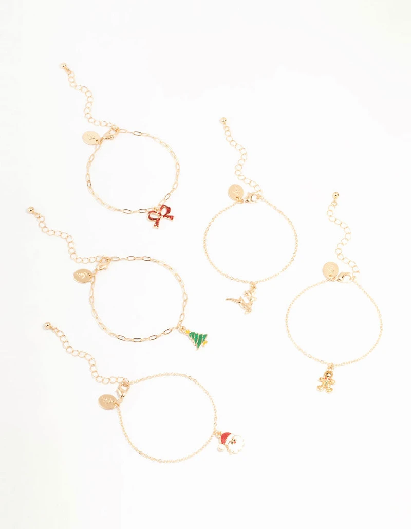 Gold Single Festive Charm Bracelets 5-Pack