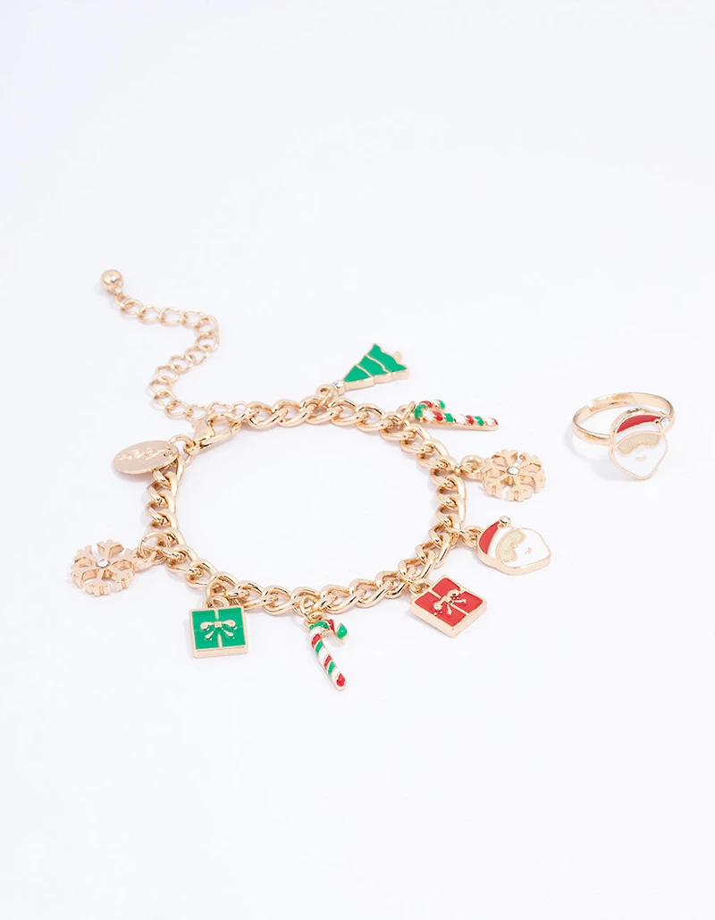 Gold Festive Motif Charm Bracelet & Ring Set