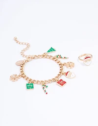 Gold Festive Motif Charm Bracelet & Ring Set