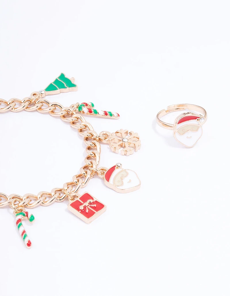 Gold Festive Motif Charm Bracelet & Ring Set