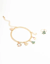 Gold Festive Tree Motif Ring & Festive Charm Bracelet Set