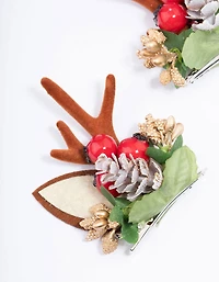 Fabric Reindeer Wreath Hair Clips 2-Pack