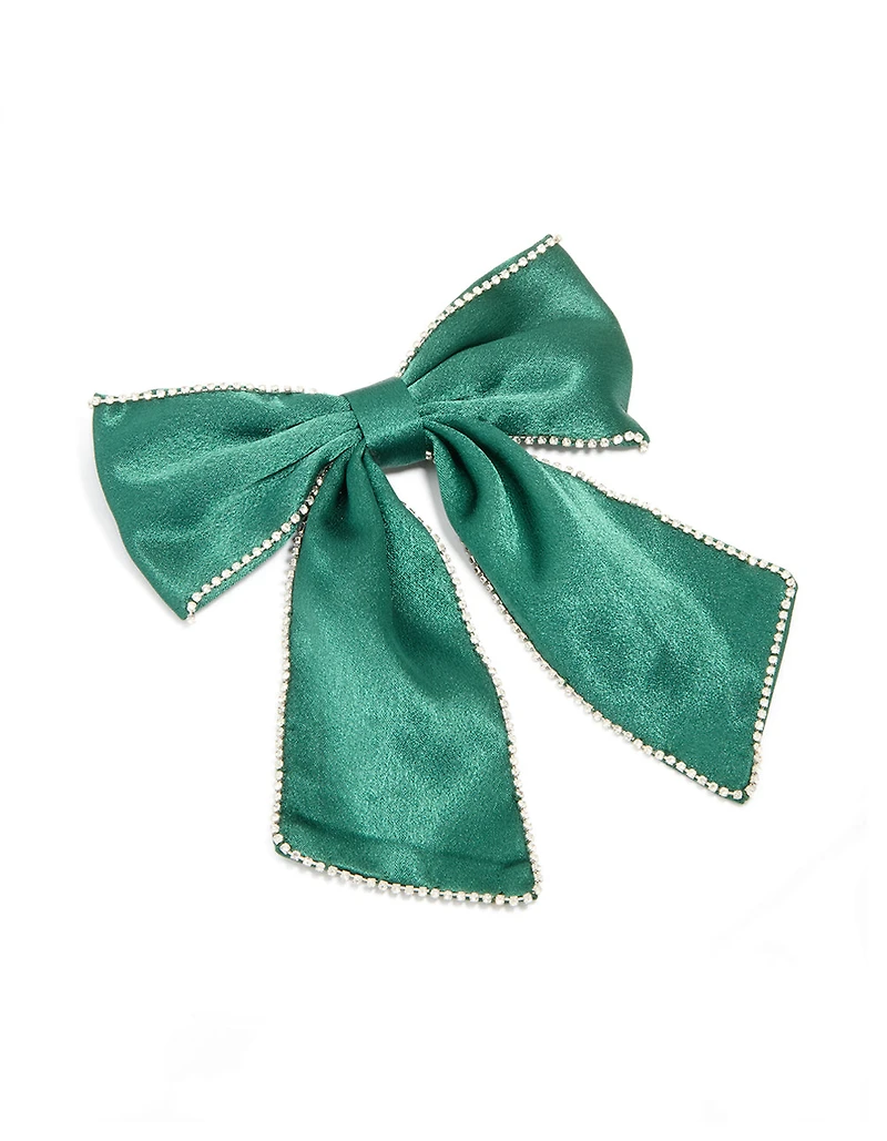 Green Fabric Diamante Cupchain Bow Hair Clip