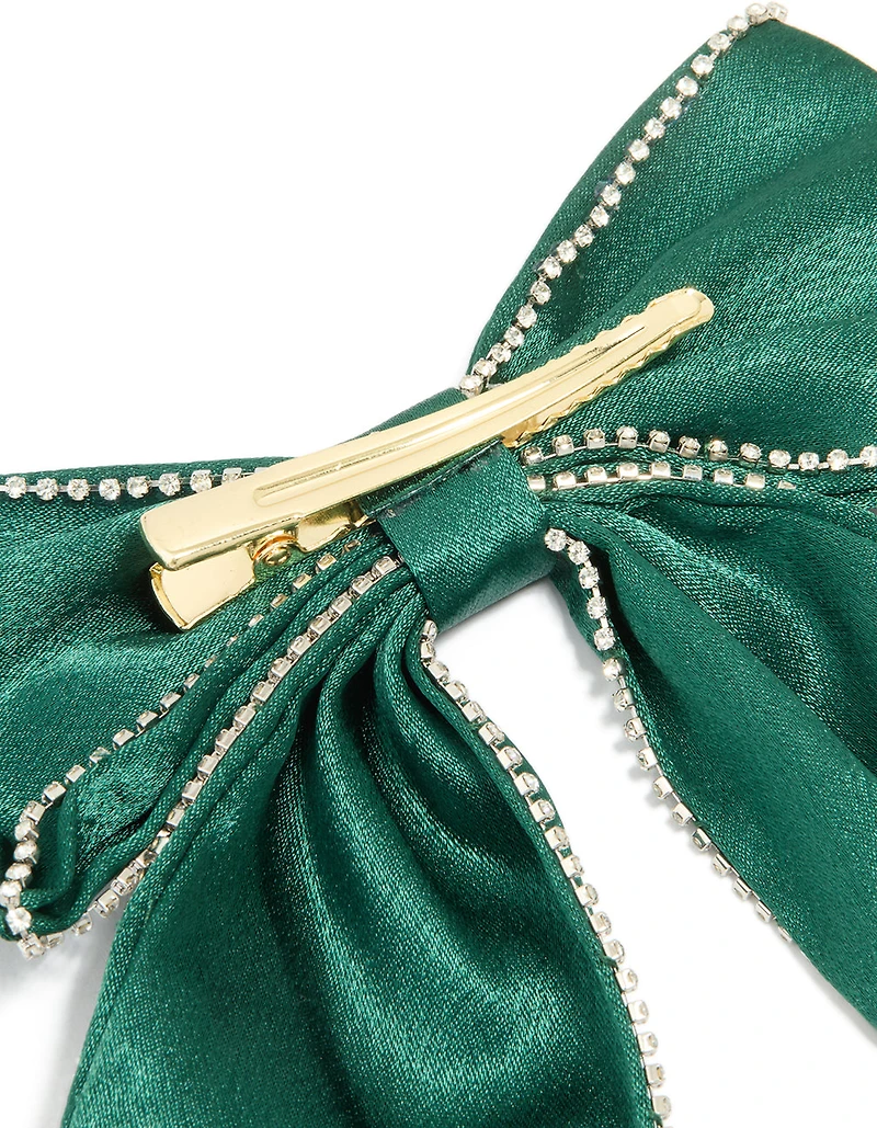Green Fabric Diamante Cupchain Bow Hair Clip