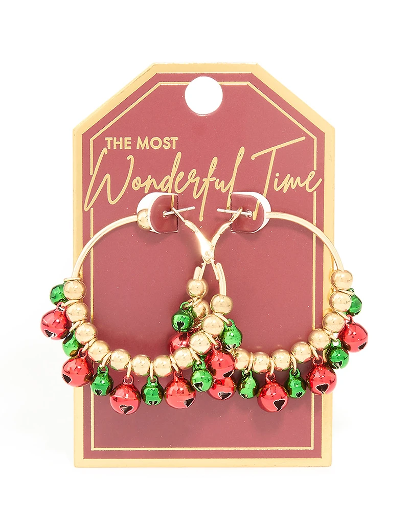Gold Green & Red Bell Hoop Earrings