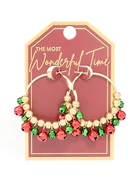 Gold Green & Red Bell Hoop Earrings