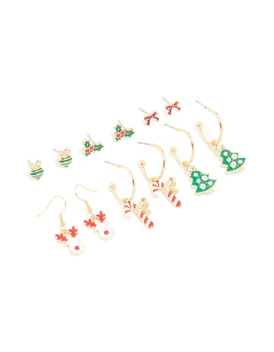 Gold Holly & Festive Earrings 6-Pack