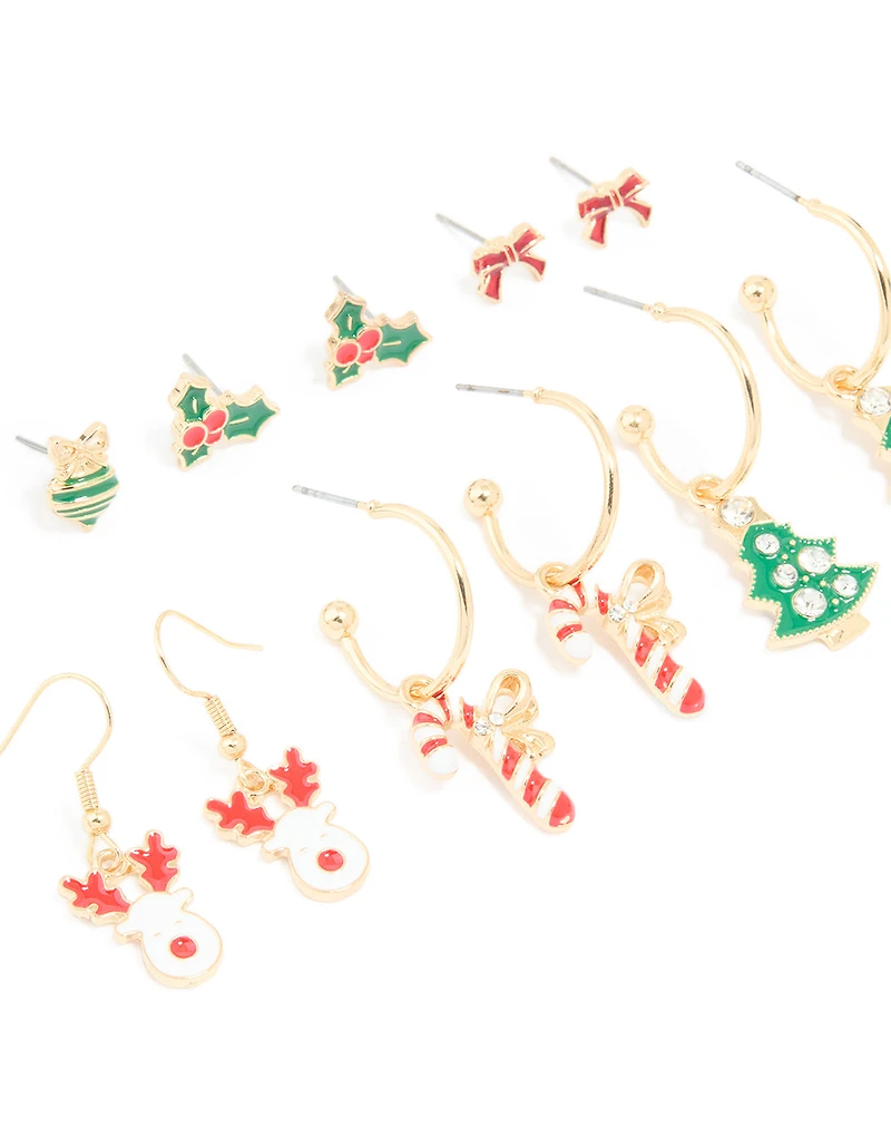 Gold Holly & Festive Earrings 6-Pack