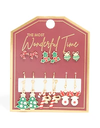 Gold Holly & Festive Earrings 6-Pack