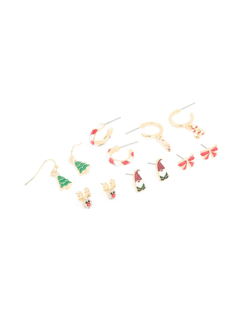 Gold Reindeer & Candy Cane Earrings 6-Pack