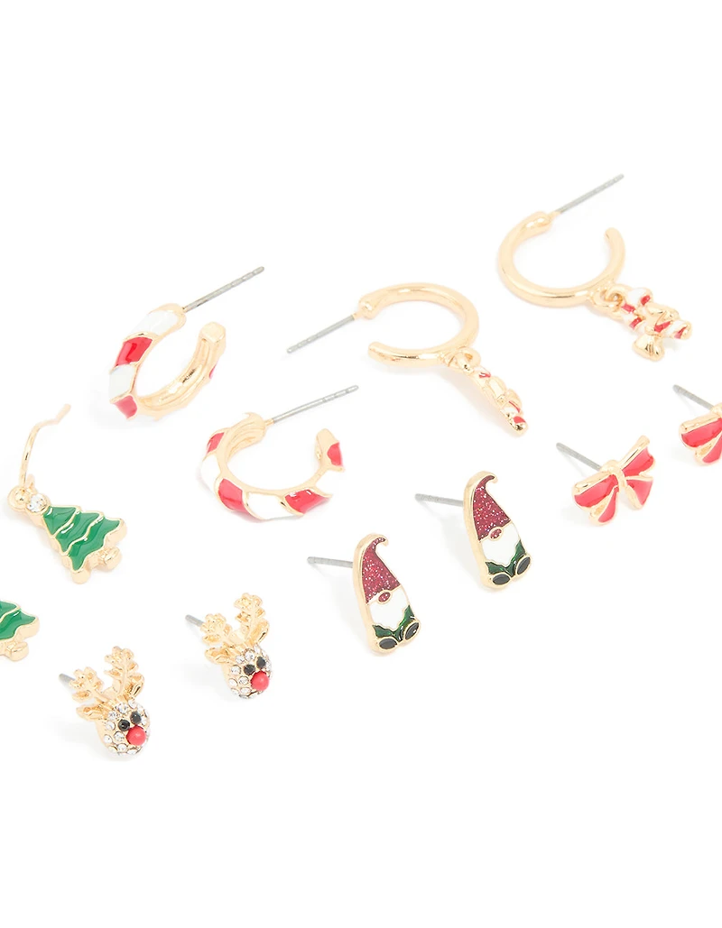 Gold Reindeer & Candy Cane Earrings 6-Pack