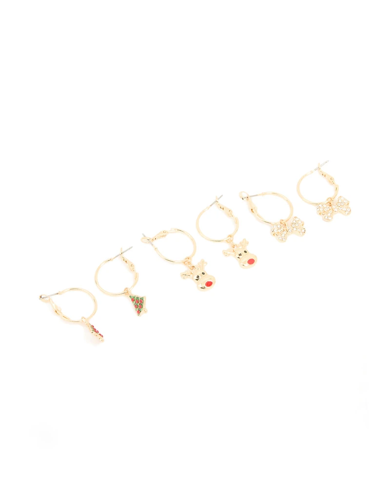 Pack de 3 boucles d’oreilles diamant dorées Diamante & anneau de renne