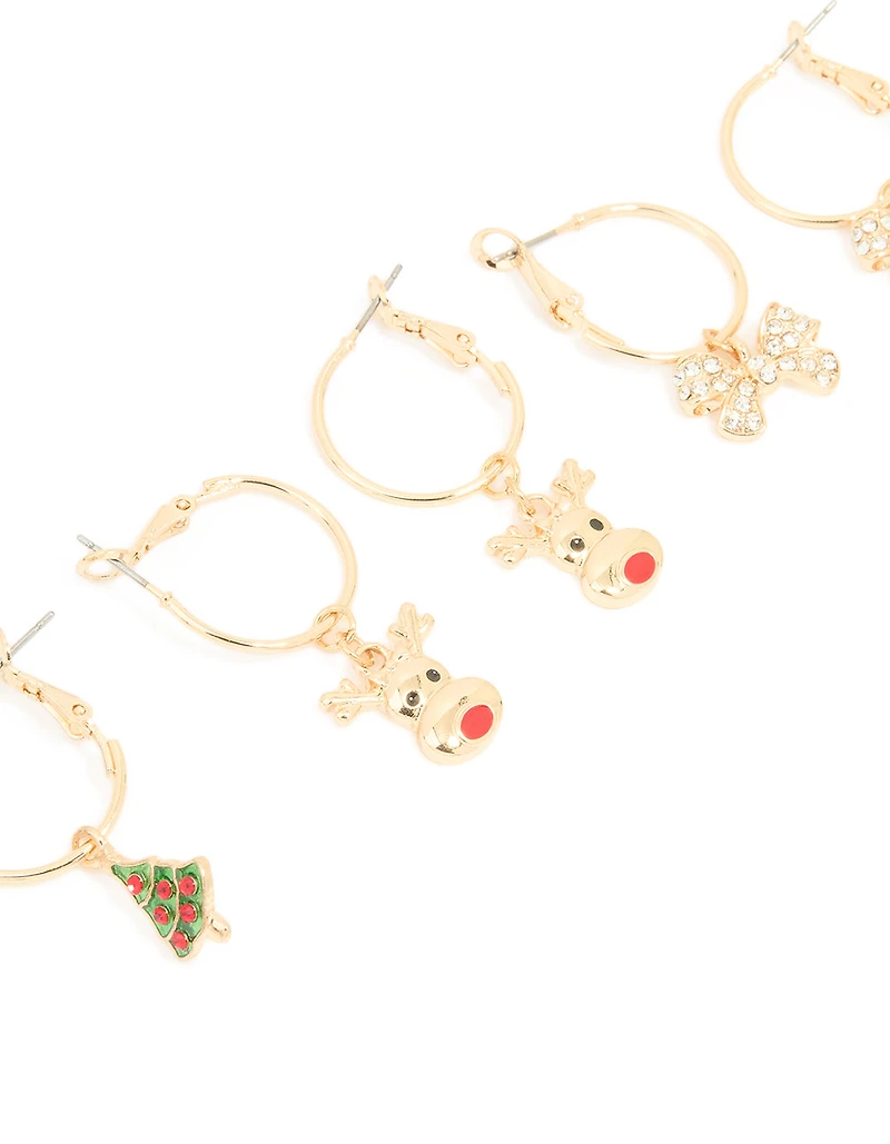 Pack de 3 boucles d’oreilles diamant dorées Diamante & anneau de renne