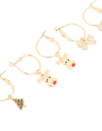 Pack de 3 boucles d’oreilles diamant dorées Diamante & anneau de renne