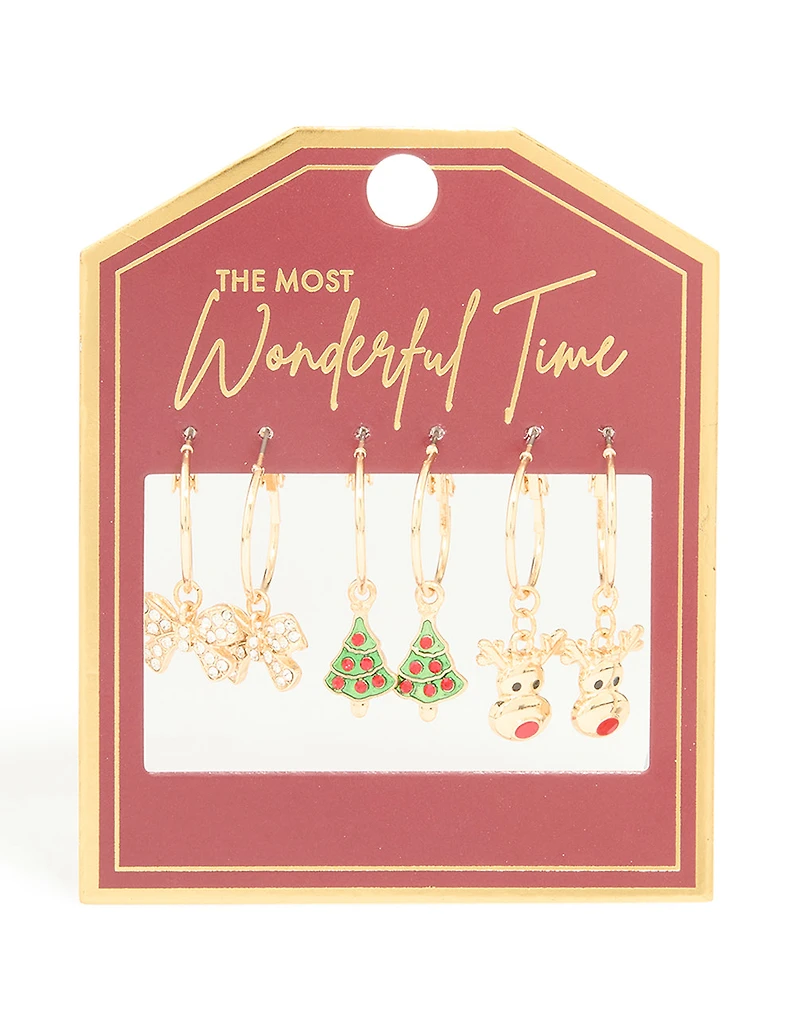 Pack de 3 boucles d’oreilles diamant dorées Diamante & anneau de renne