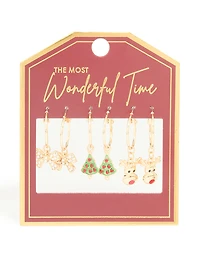 Pack de 3 boucles d’oreilles diamant dorées Diamante & anneau de renne