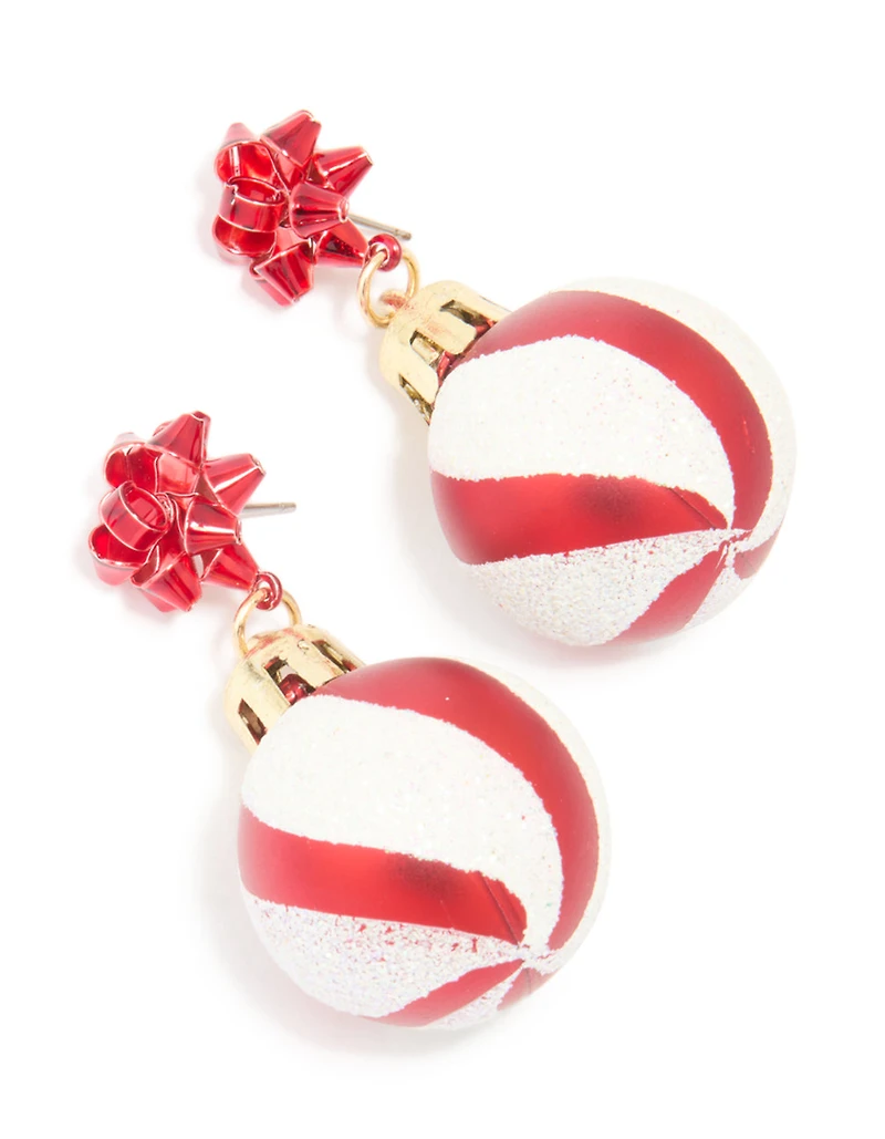 Gold Red Ribbon Bauble Drop Earrings