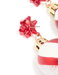 Gold Red Ribbon Bauble Drop Earrings
