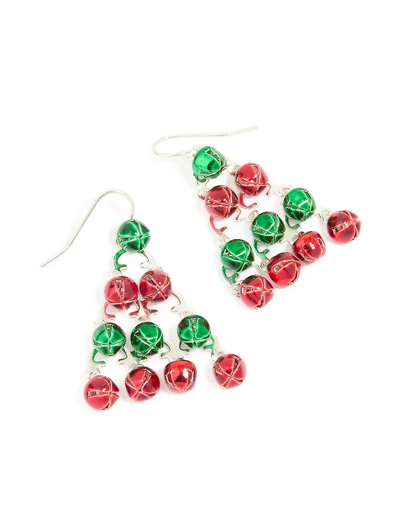 Boucles d’oreilles tombantes en arbre festif Silver Green & Red Bell