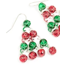 Boucles d’oreilles tombantes en arbre festif Silver Green & Red Bell