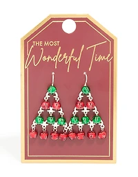 Boucles d’oreilles tombantes en arbre festif Silver Green & Red Bell