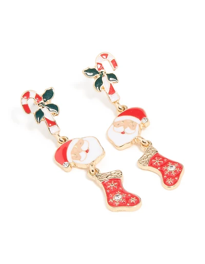 Gold Santa Stocking & Holly Drop Earrings