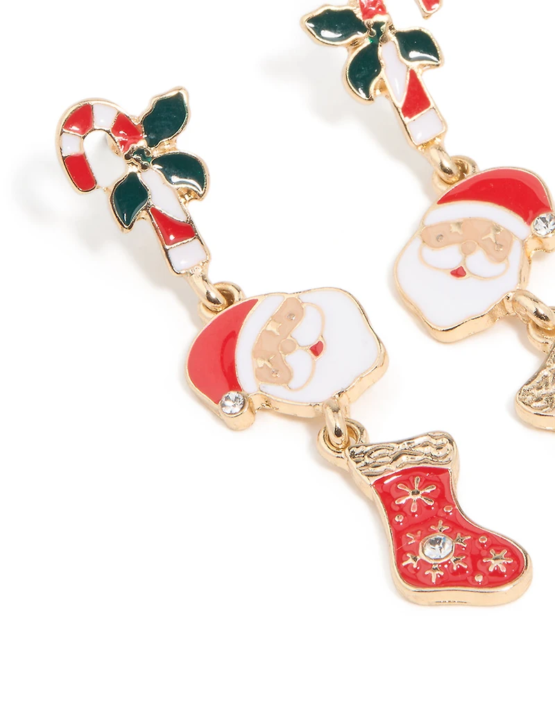 Gold Santa Stocking & Holly Drop Earrings