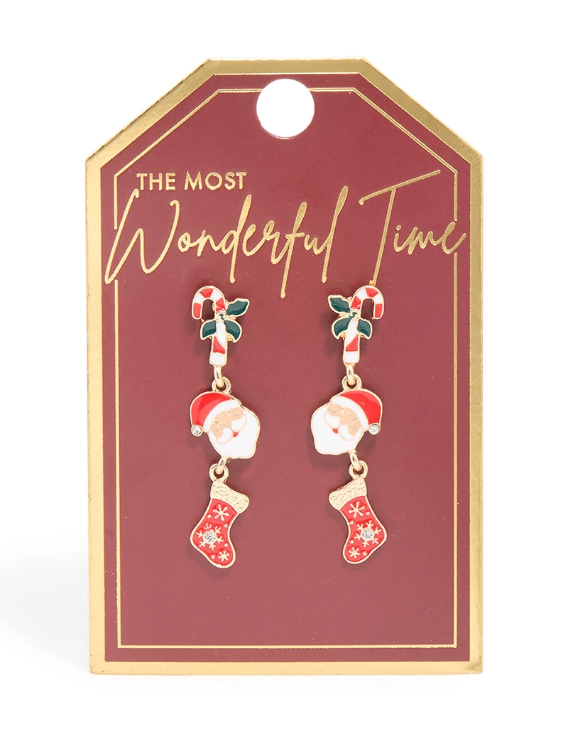 Gold Santa Stocking & Holly Drop Earrings
