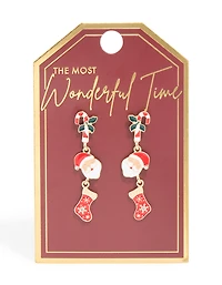 Gold Santa Stocking & Holly Drop Earrings