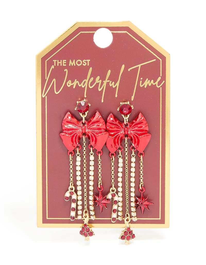 Gold Diamante Cup Chain Red Bow Drop Earrings