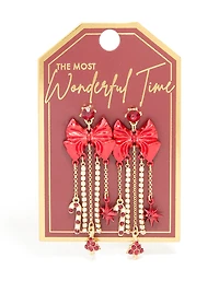 Gold Diamante Cup Chain Red Bow Drop Earrings