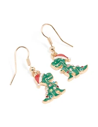 Gold Santa Hat Dinosaur With Diamante Lights Drop Earrings