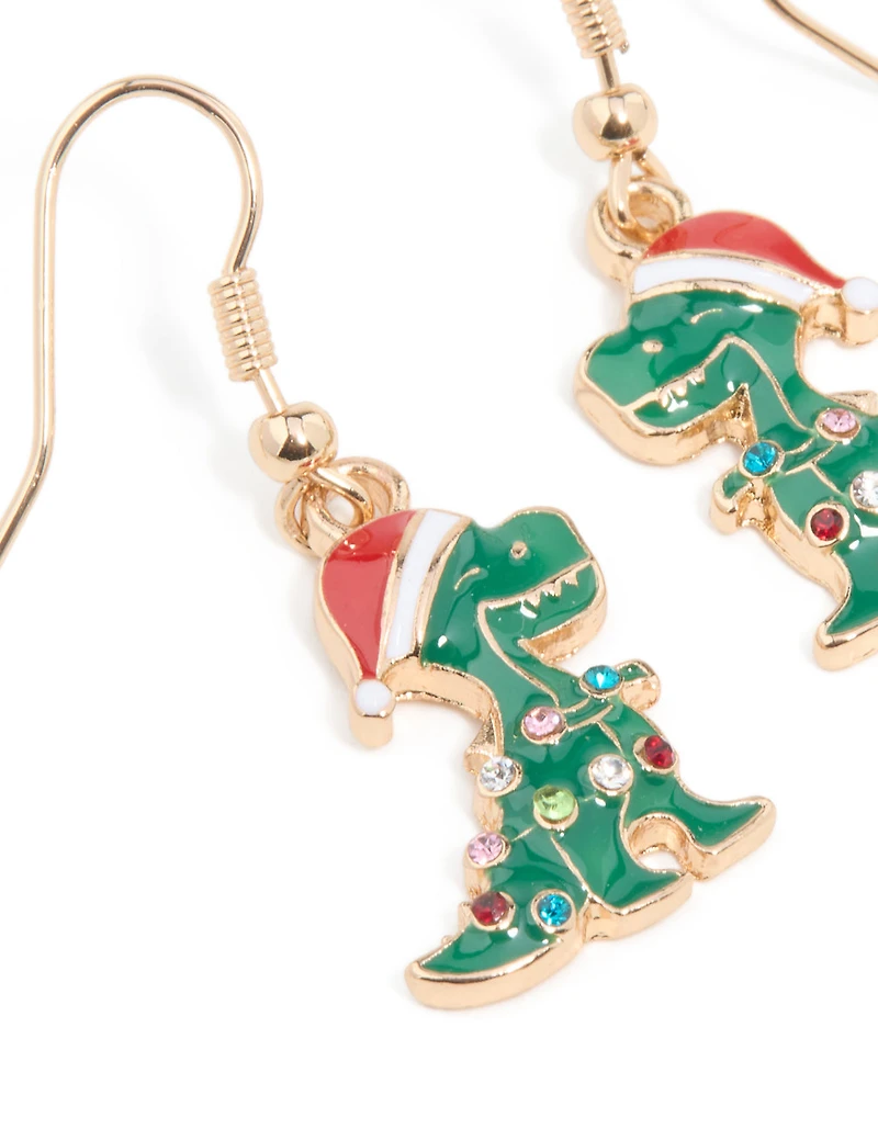 Gold Santa Hat Dinosaur With Diamante Lights Drop Earrings