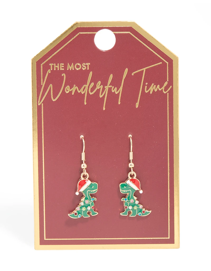 Gold Santa Hat Dinosaur With Diamante Lights Drop Earrings