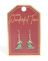 Gold Santa Hat Dinosaur With Diamante Lights Drop Earrings