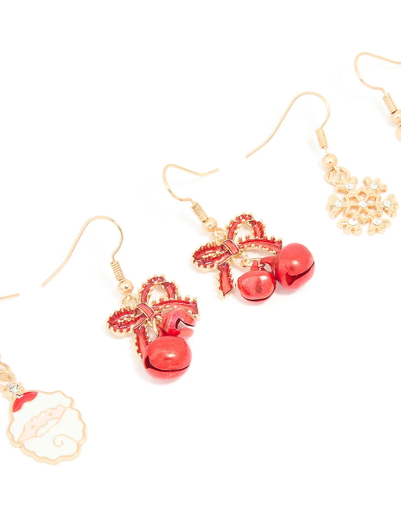 Gold Red Bow & Santa Earrings 3-Pack