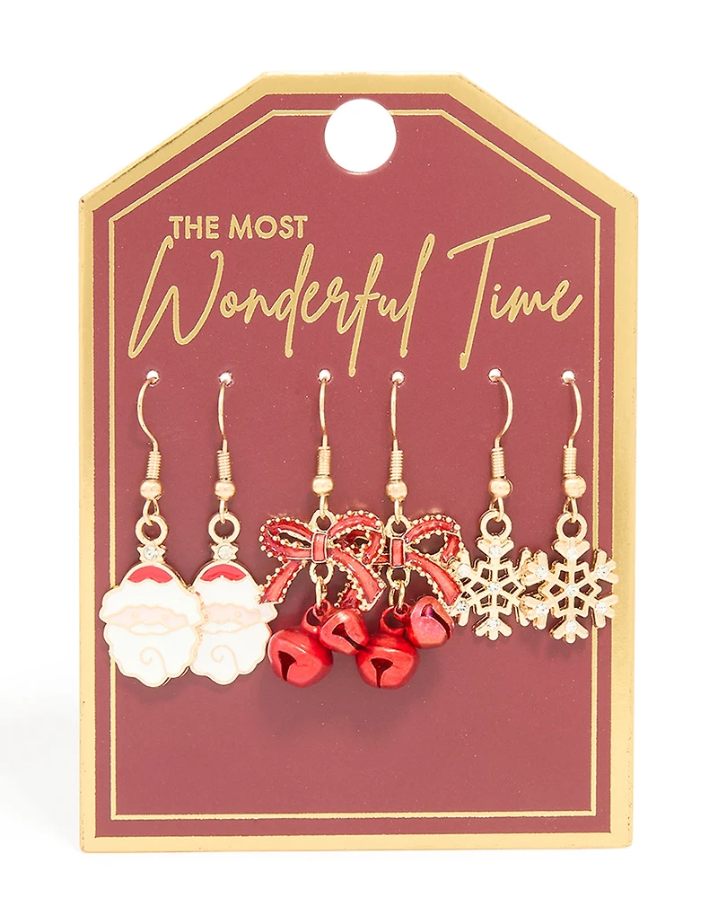 Gold Red Bow & Santa Earrings 3-Pack