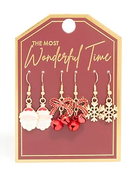 Gold Red Bow & Santa Earrings 3-Pack