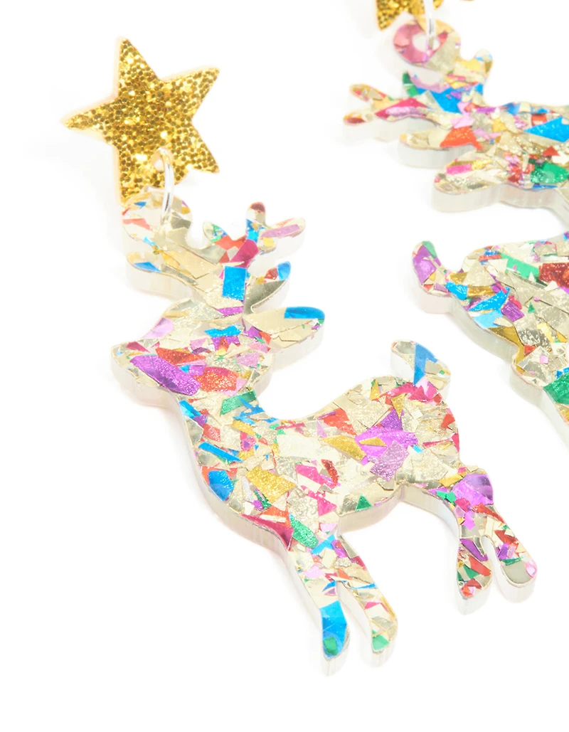 Acrylic Glitter Star Reindeer Drop Earrings