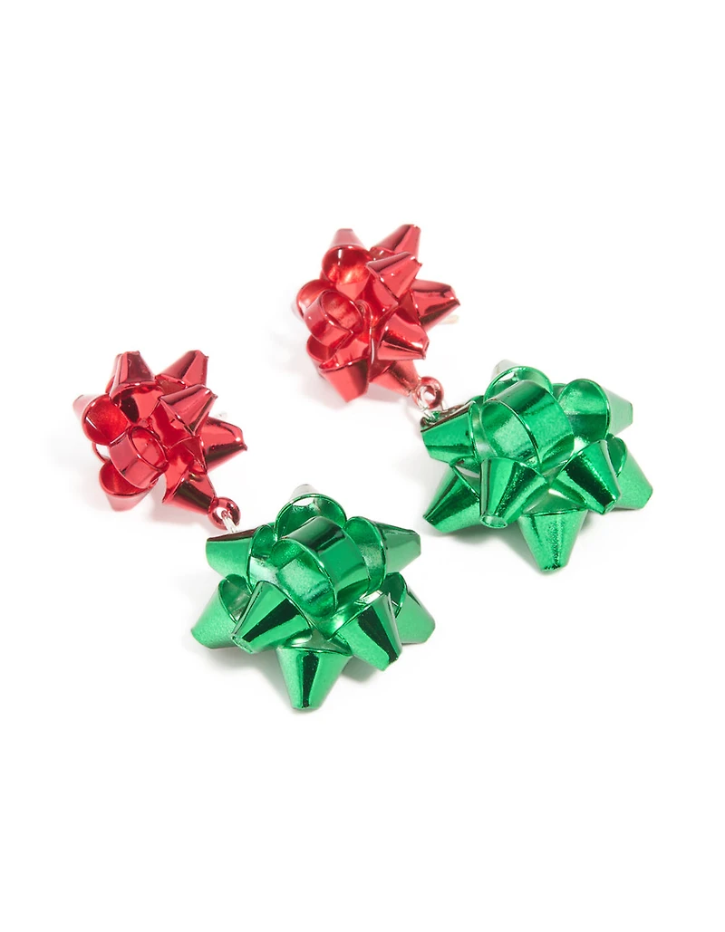 Green & Red Coated Metal Christmas Present Bow Stud Earrings