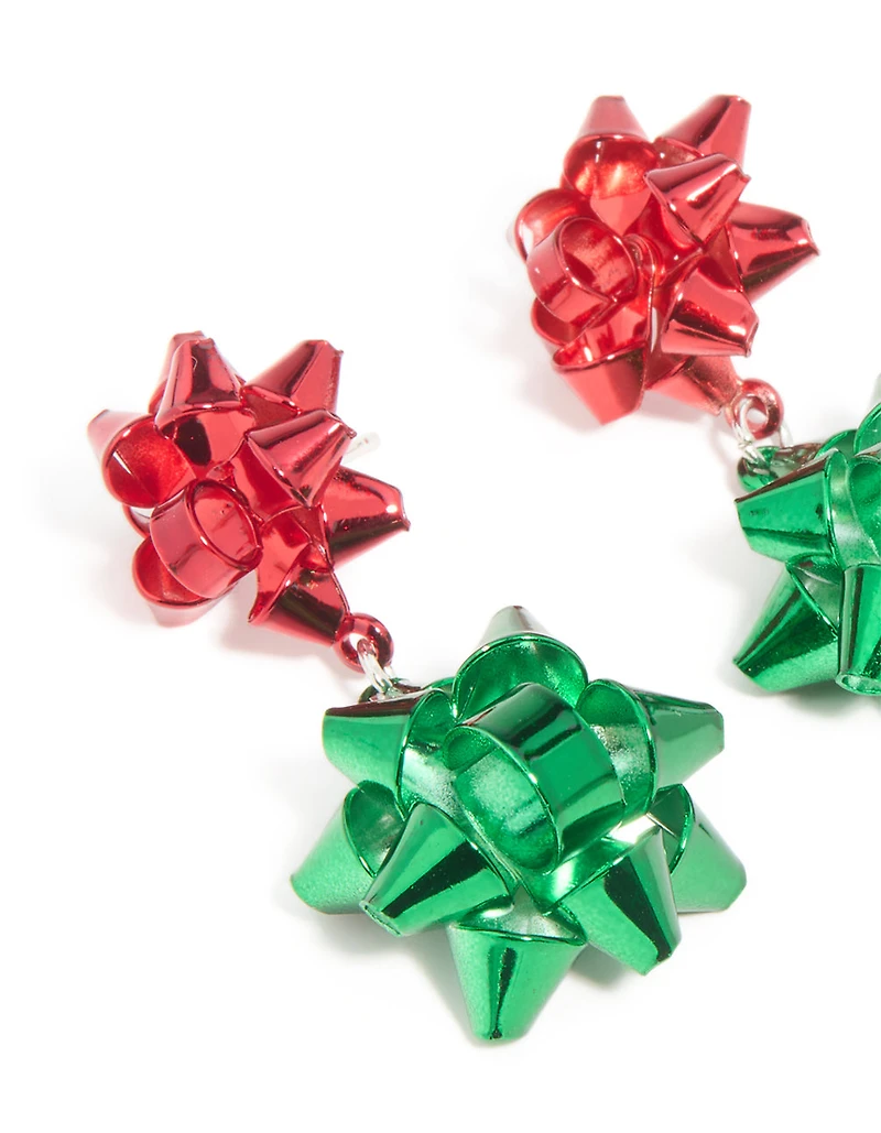 Green & Red Coated Metal Christmas Present Bow Stud Earrings