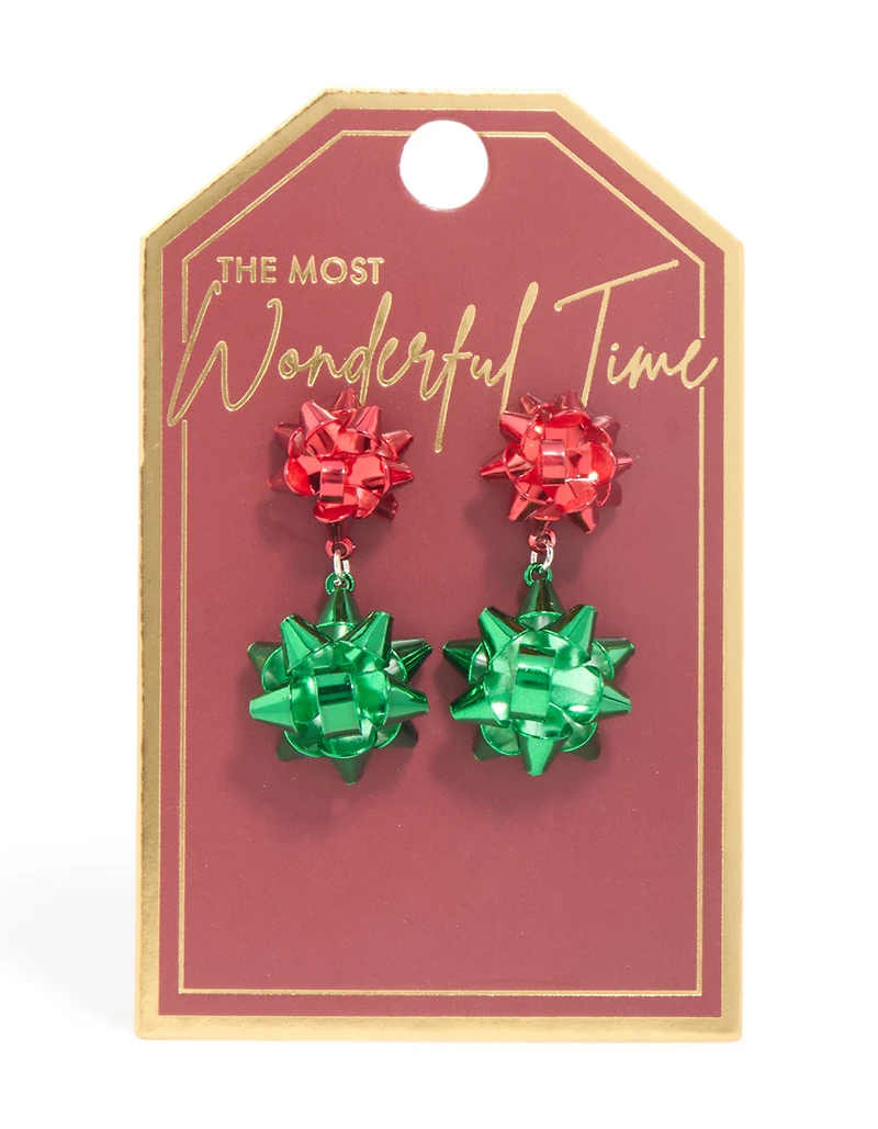 Green & Red Coated Metal Christmas Present Bow Stud Earrings
