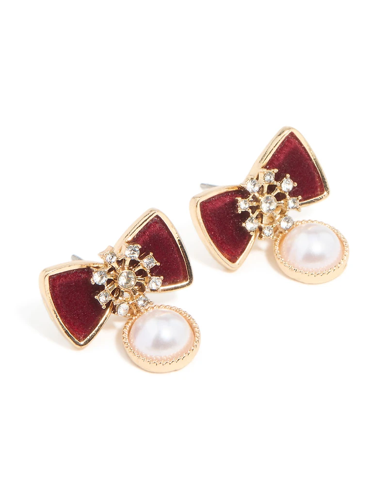 Boucles d’oreilles en velours doré en velours rouge perle et flocon de neige