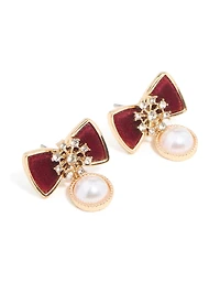 Boucles d’oreilles en velours doré en velours rouge perle et flocon de neige