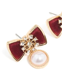 Boucles d’oreilles en velours doré en velours rouge perle et flocon de neige