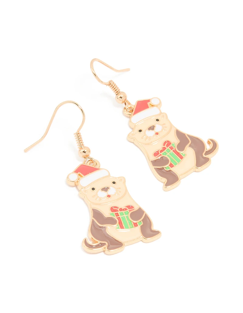 Gold Santa Hat Otter Drop Earrings