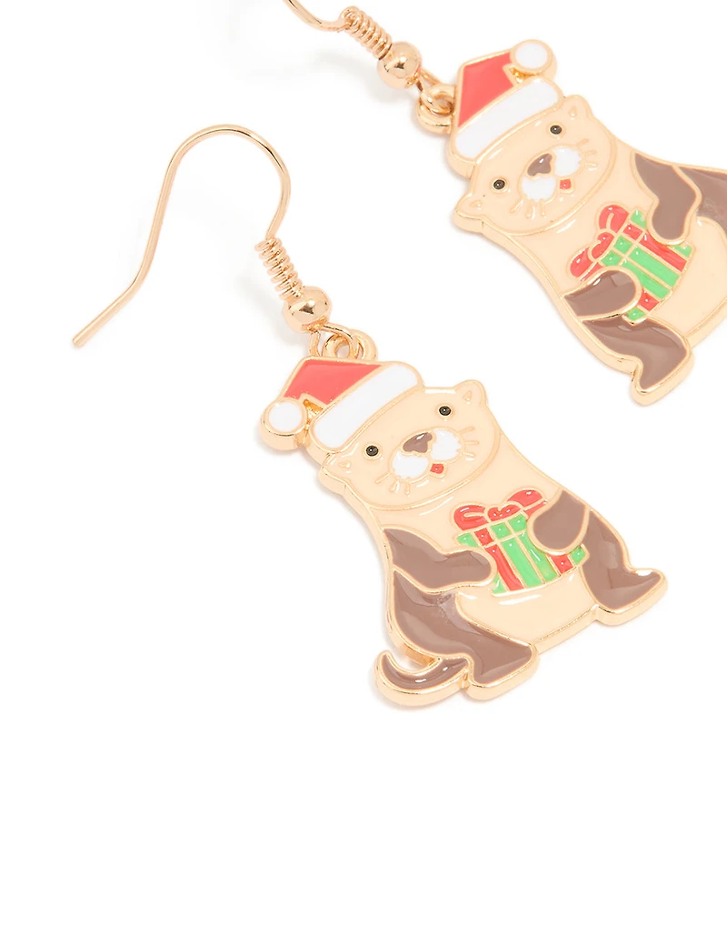 Gold Santa Hat Otter Drop Earrings