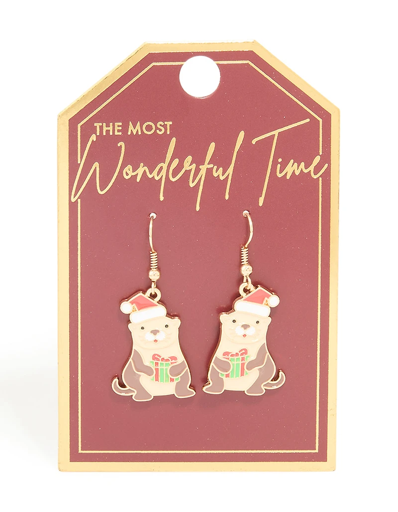 Gold Santa Hat Otter Drop Earrings