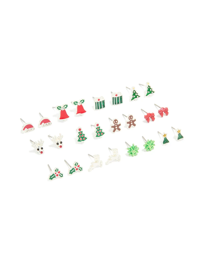 Silver Festive Tree & Bell Earrings 12-Pack